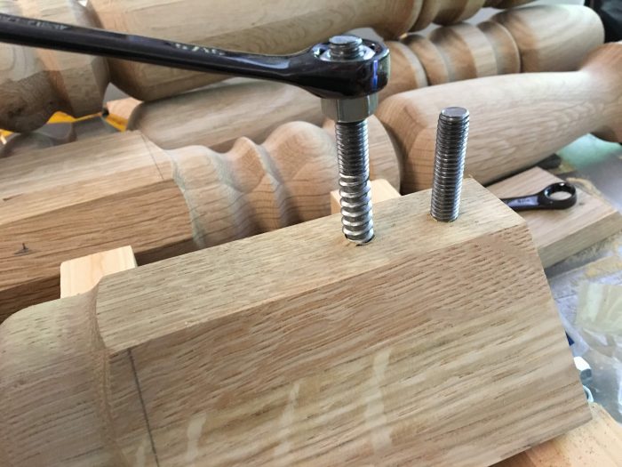How to add hanger bolts on table legs for a Farmhouse Table (Harp Design copycat) - theprojectlady.com