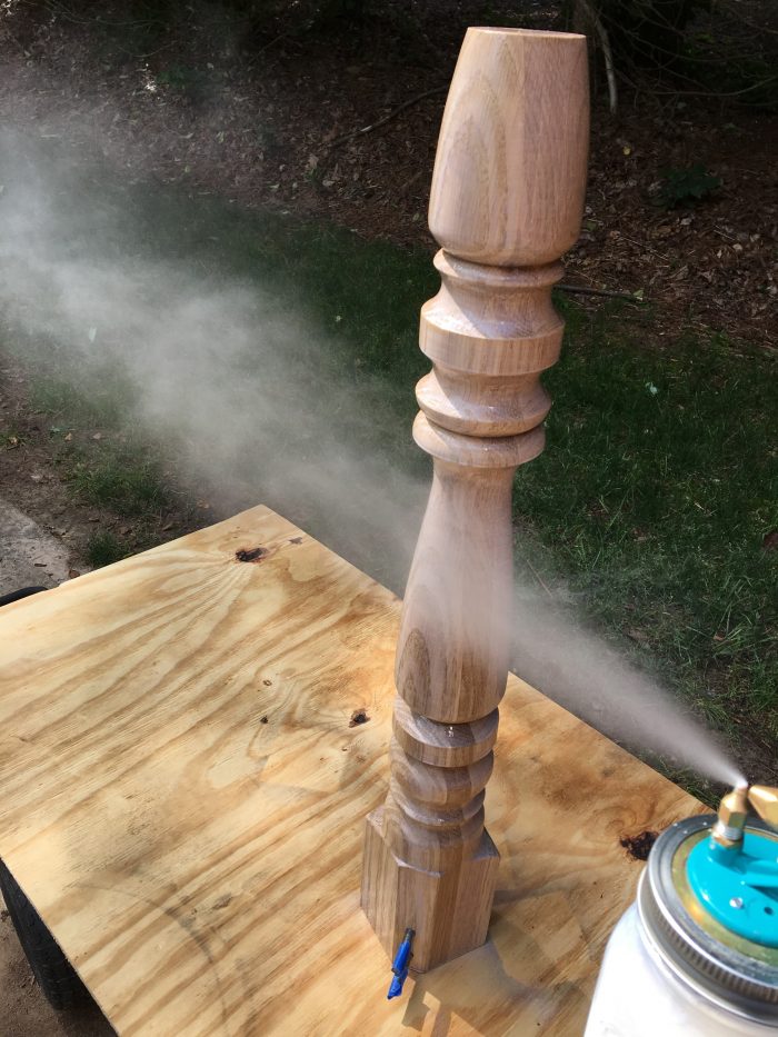 How to spray a protective finish for a Farmhouse Table (Harp Design copycat) - theprojectlady.com